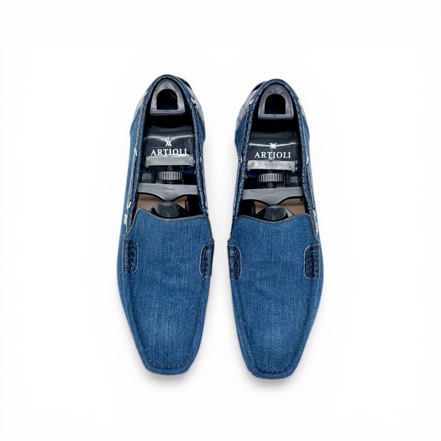 Mocassin Artioli en jeans et cuir de croco marine