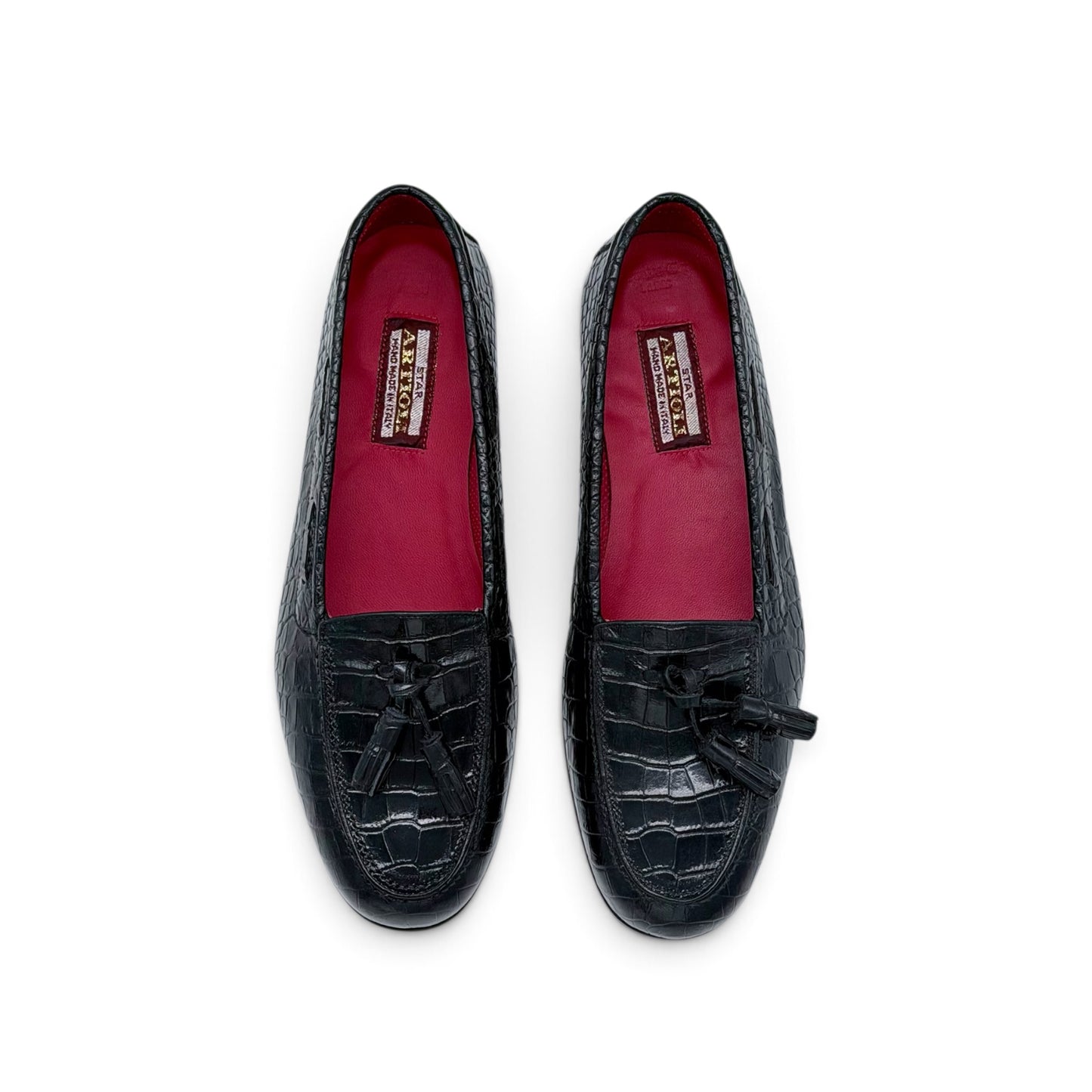 Mocassin Artioli à pompon en cuir de crocodile noir