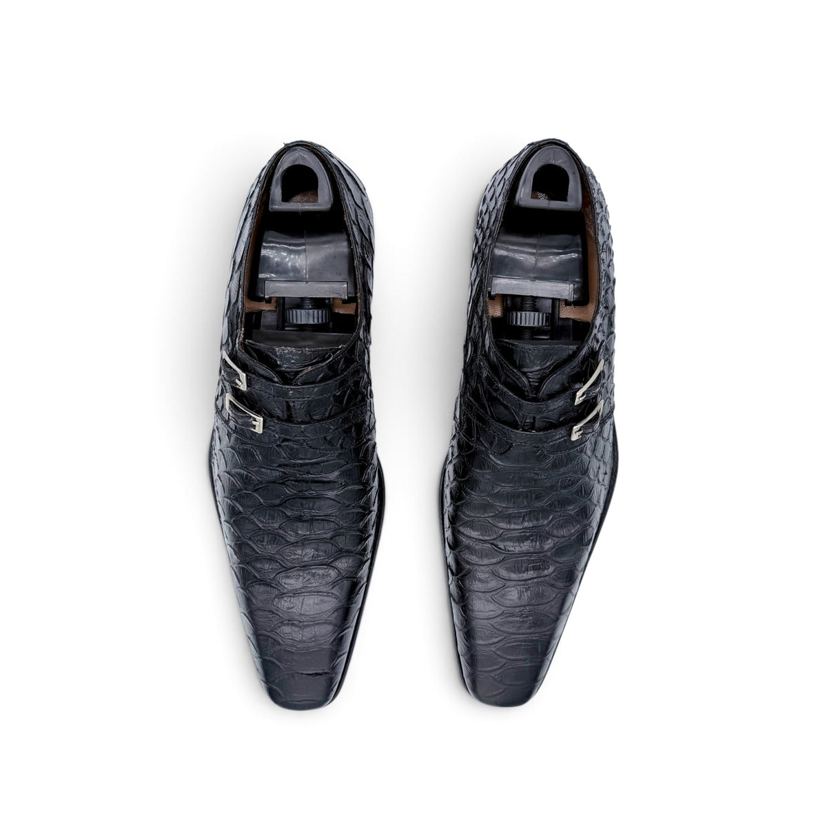 Soulier à double boucles argentées Roberto Celk en cuir de python noir