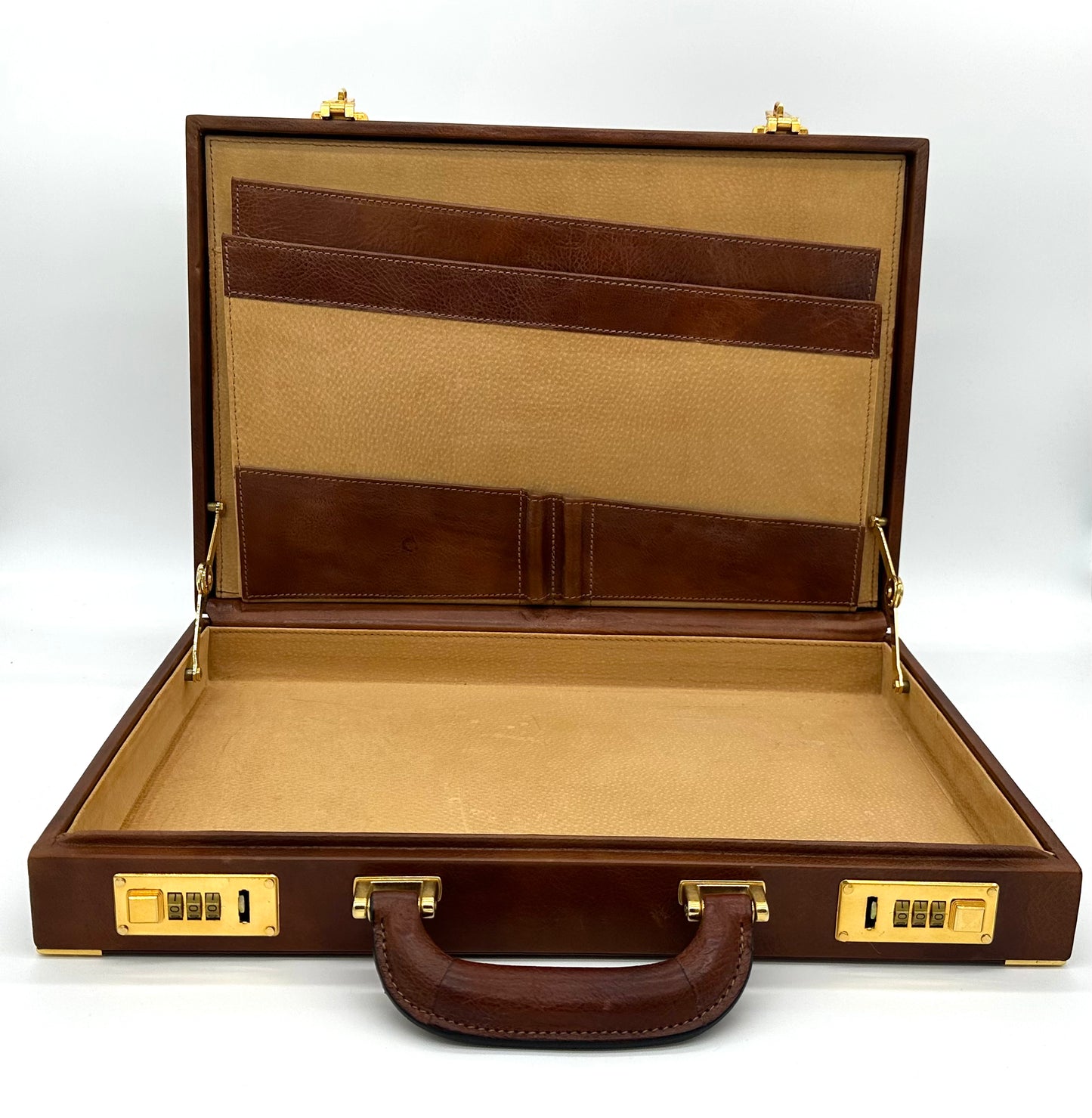 Attaché Case en cuir marron marron et or