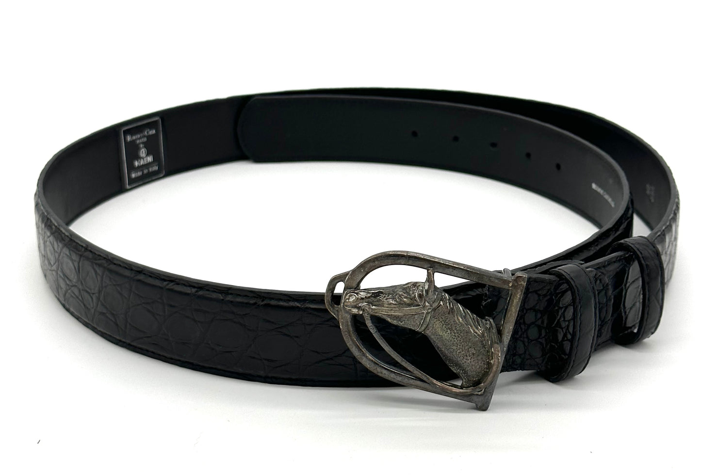 Ceinture Roberto Celk en crocodile noir avec boucle tête de cheval en argent