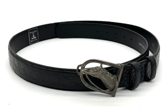 Ceinture Roberto Celk en crocodile noir avec boucle tête de cheval en argent