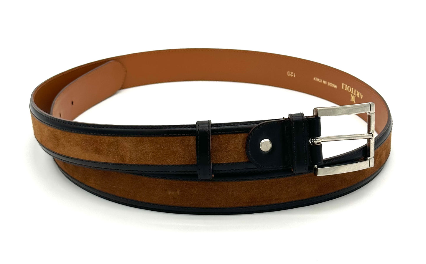 Ceinture Artioli en cuir marron foncé et en Suède marron clair