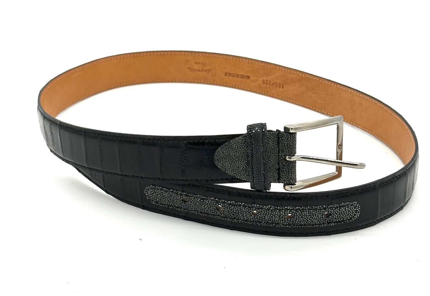 Ceinture Roberto Celk en anguille noir et détail en galuchat avec boucle en argent