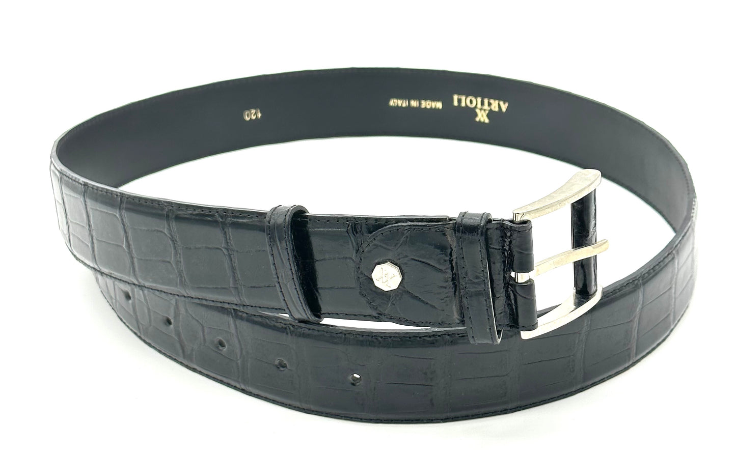 Ceinture Artioli en crocodile noir avec fermoir en argent