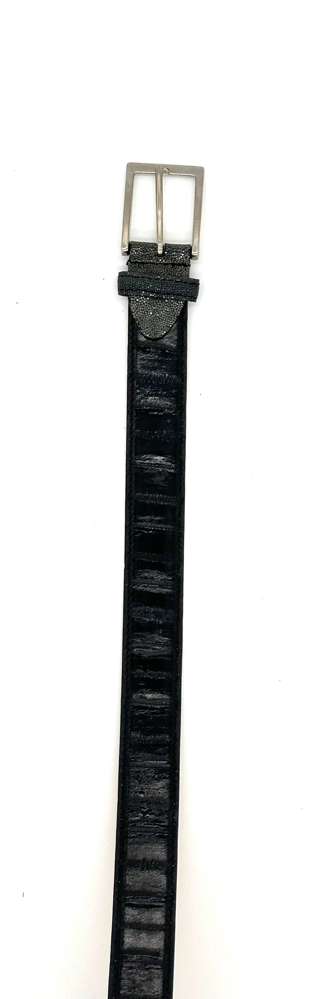 Ceinture Roberto Celk en anguille noir et détail en galuchat avec boucle en argent