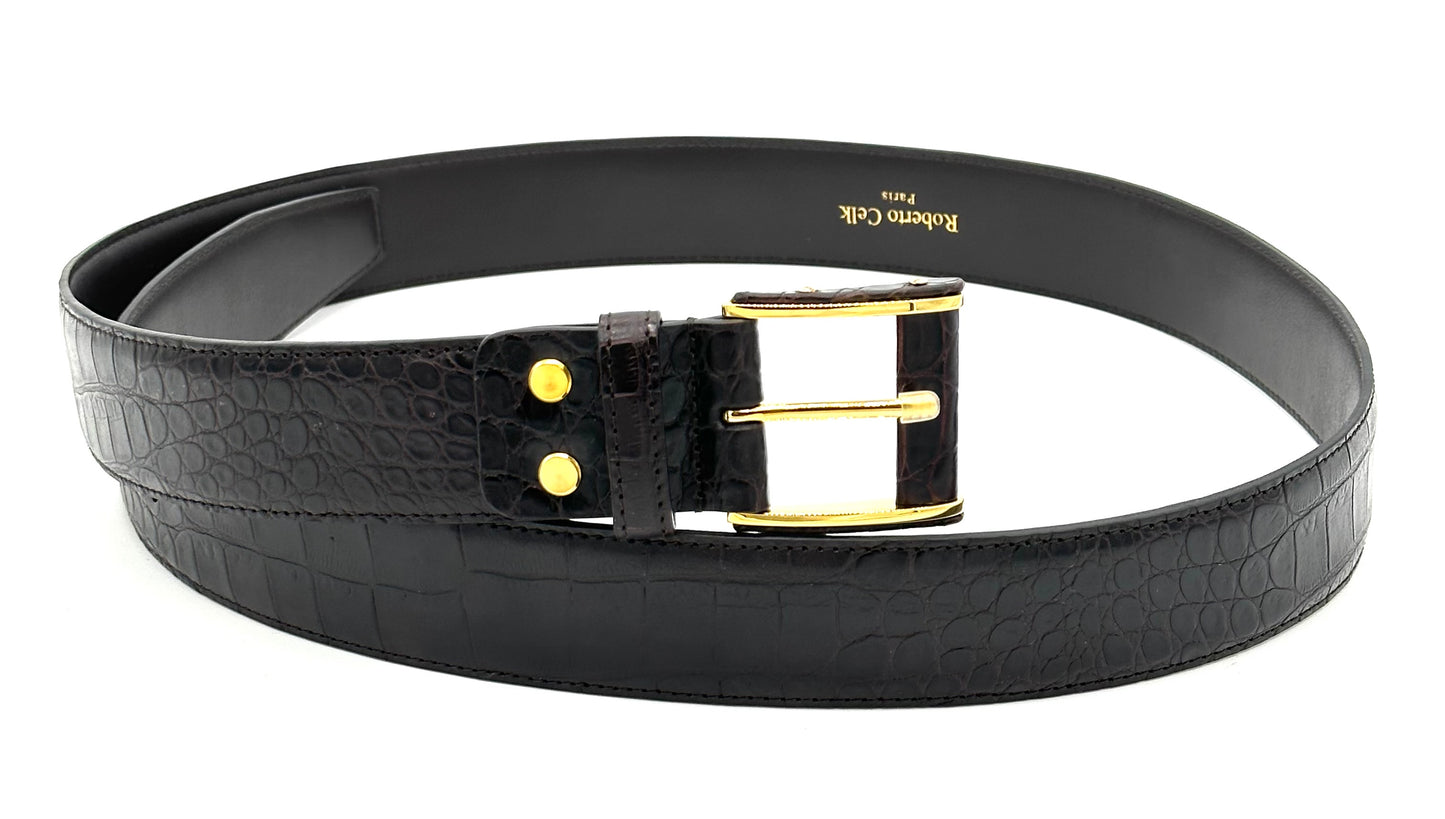 Ceinture Roberto Celk en crocodile marron foncé avec boucle en or
