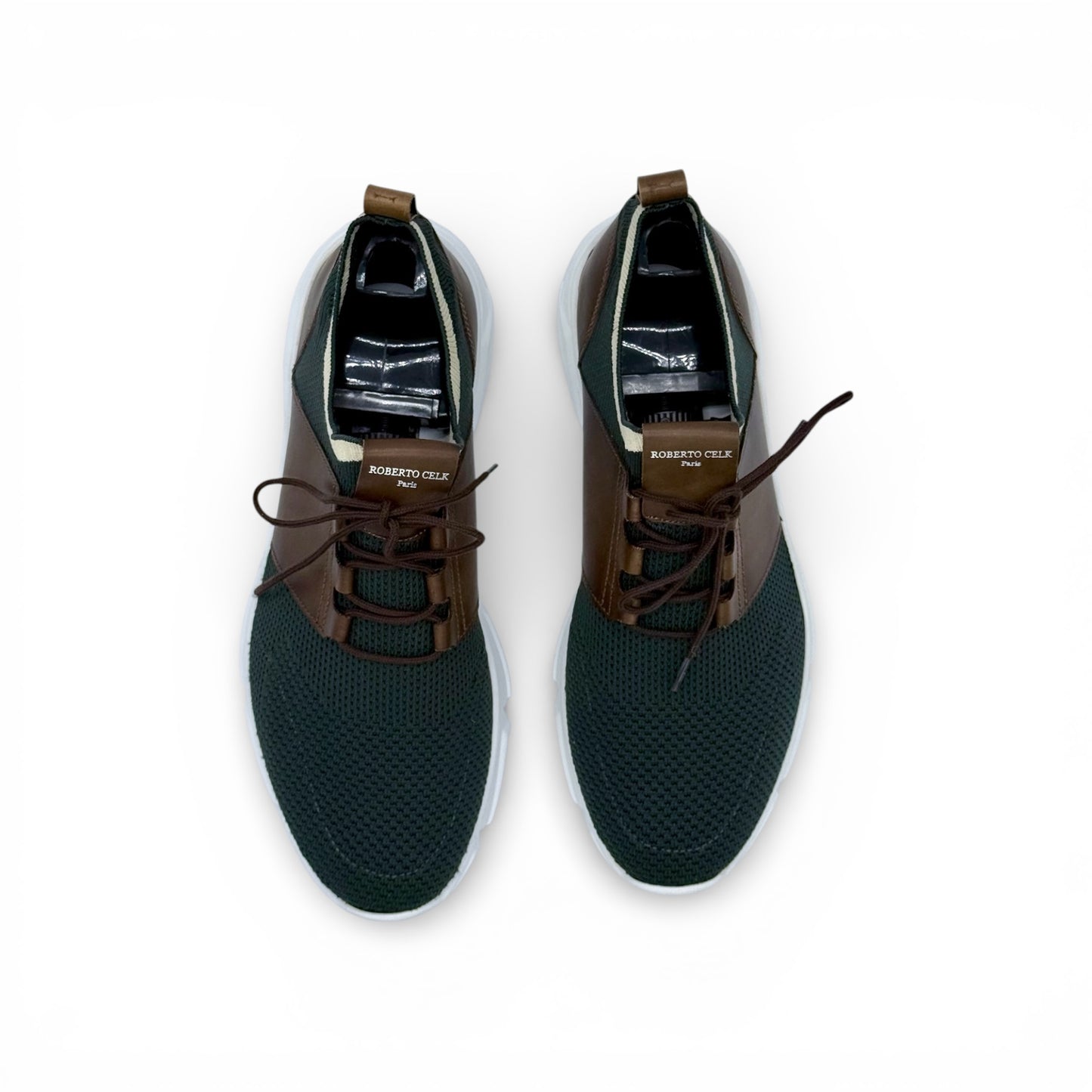 Sneakers Roberto Celk tissu vert et cuir marron