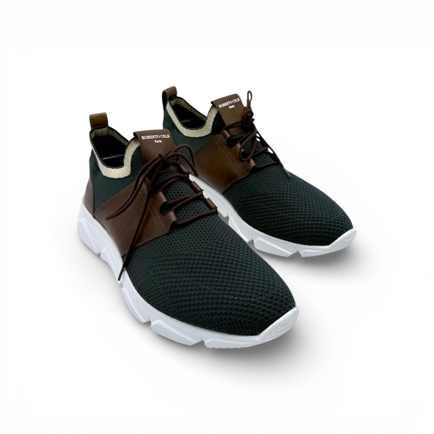 Sneakers Roberto Celk tissu vert et cuir marron