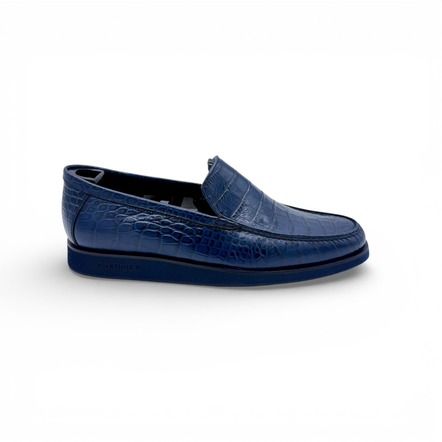 Mocassin Artioli en cuire de croco marine