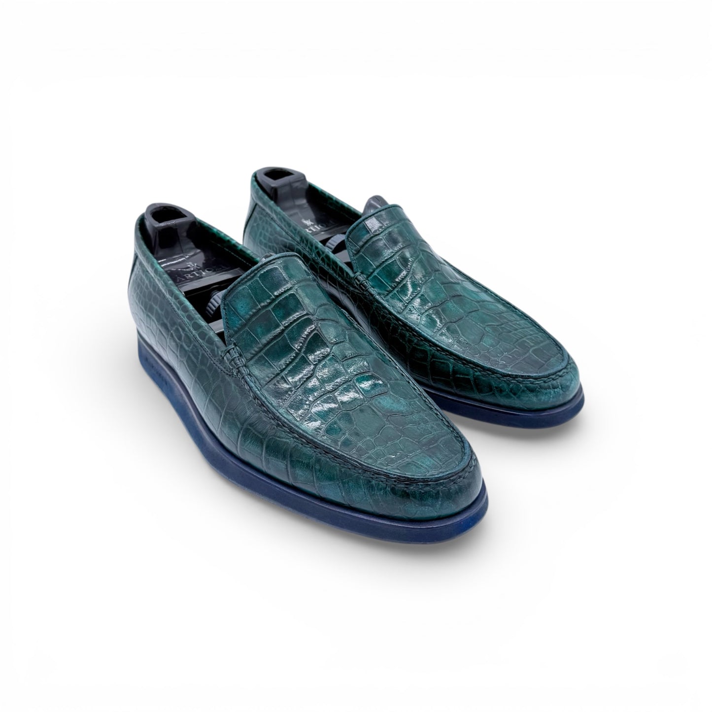 Mocassin Artioli en cuire de croco vert