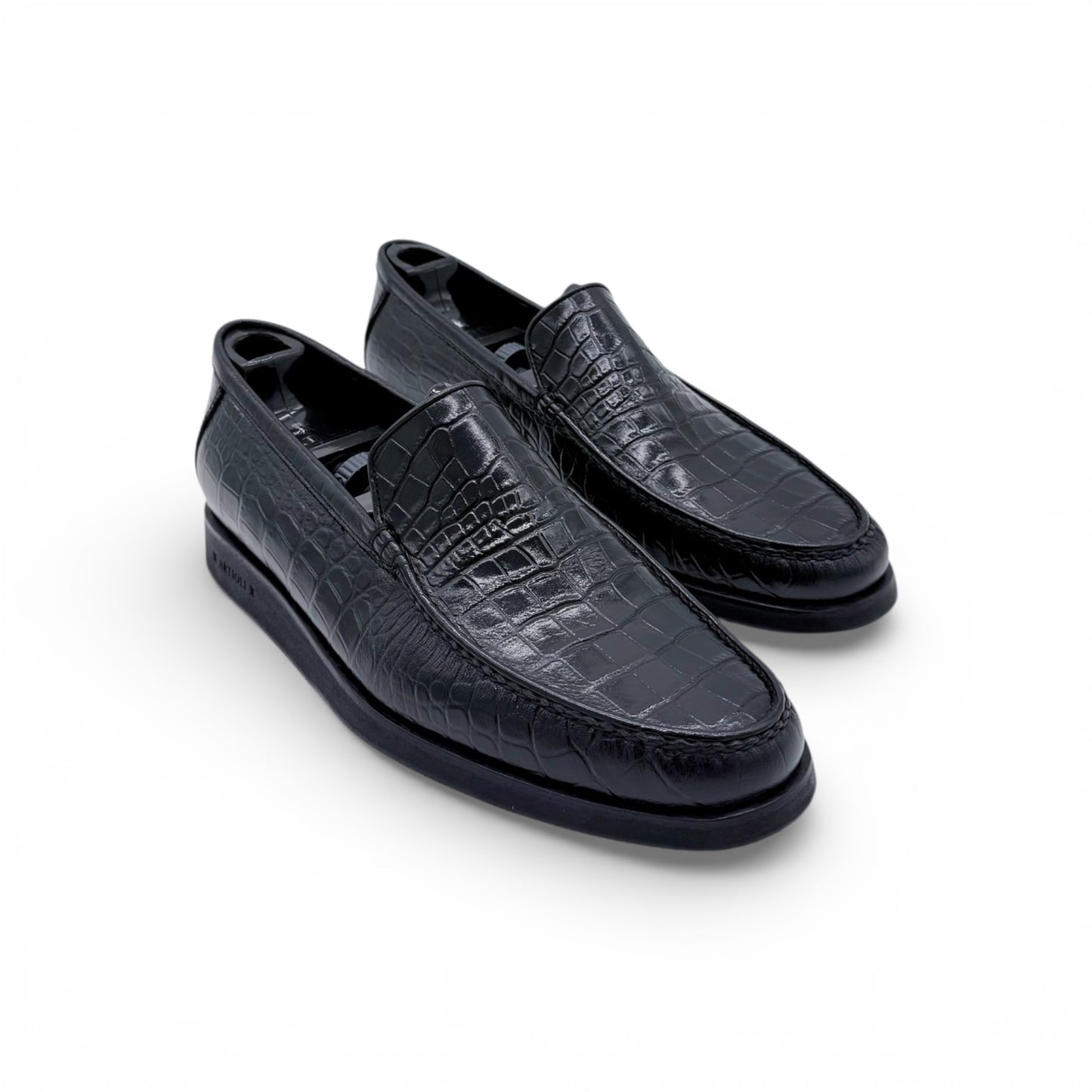 Mocassin Artioli en cuire de croco noir