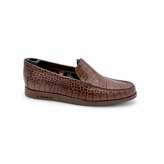 Mocassin Artioli en cuire de croco marron