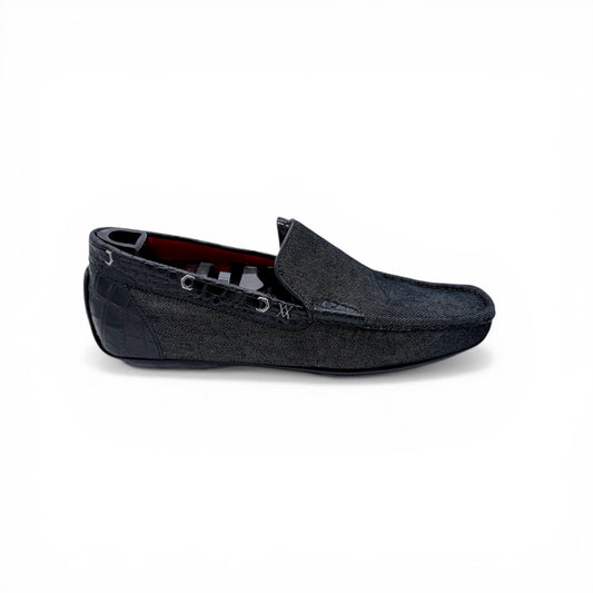 Mocassin Artioli en jeans et cuir de croco noir
