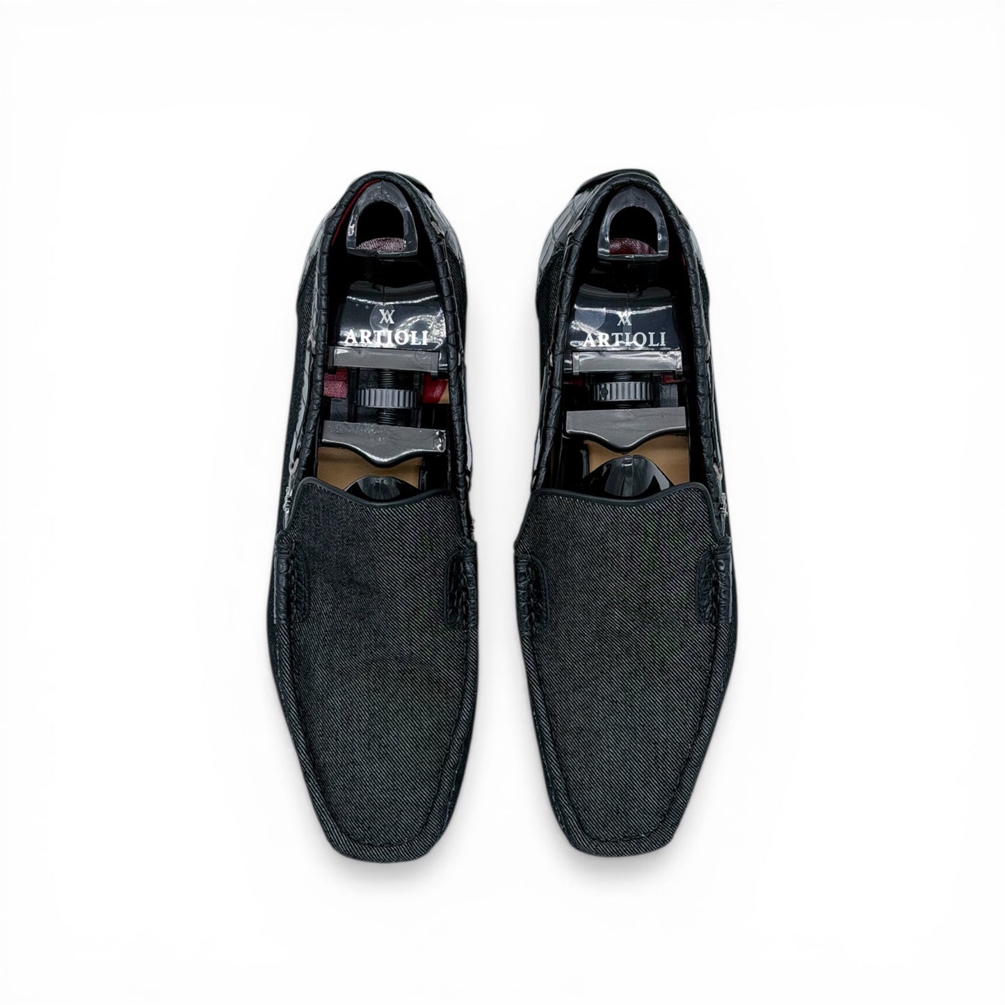 Mocassin Artioli en jeans et cuir de croco noir