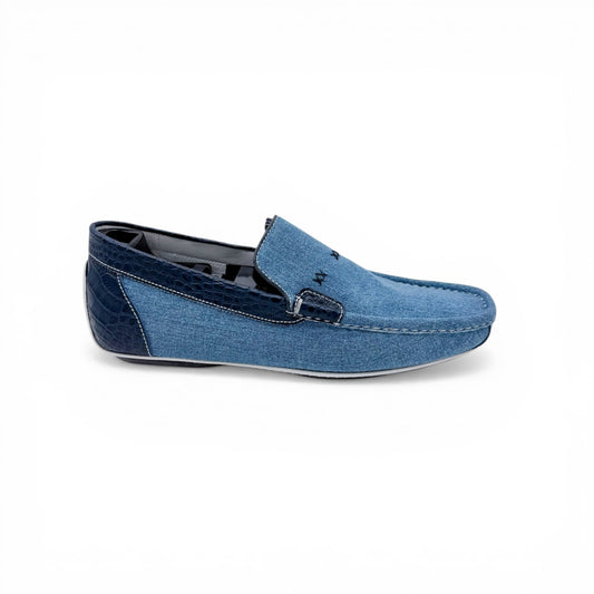 Mocassin Artioli en jeans et cuir de croco bleu