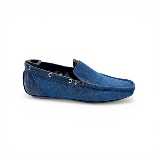 Mocassin Artioli en jeans et cuir de croco marine