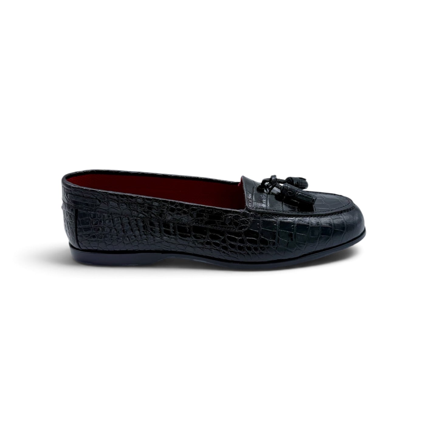 Mocassin Artioli à pompon en cuir de crocodile noir
