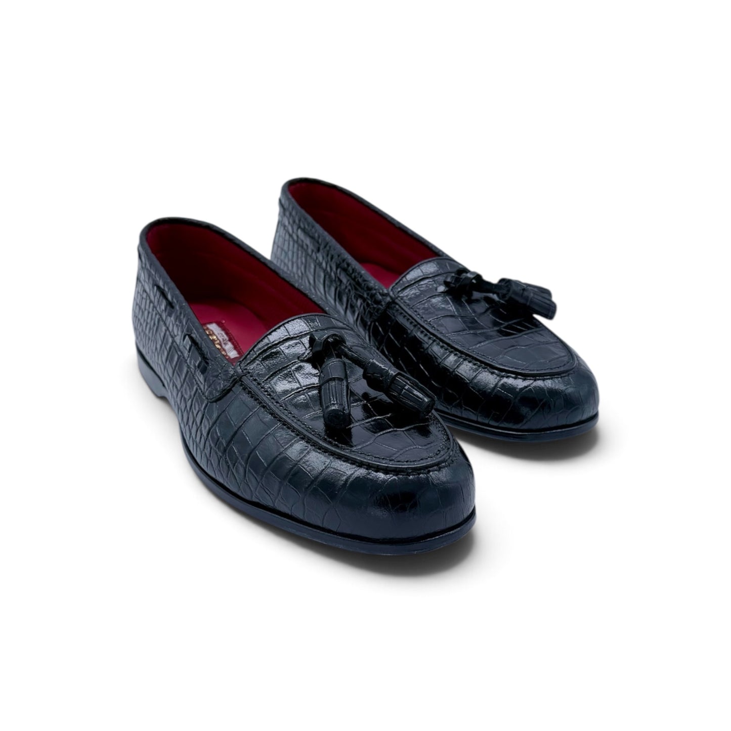 Mocassin Artioli à pompon en cuir de crocodile noir