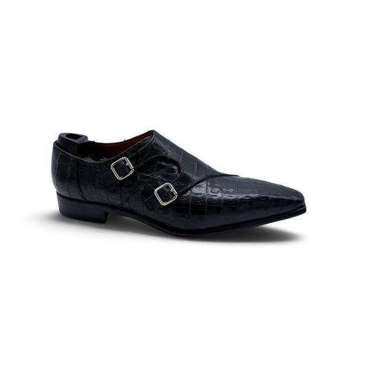 Soulier à double boucles argentées Roberto Celk en cuir de crocodile  noir