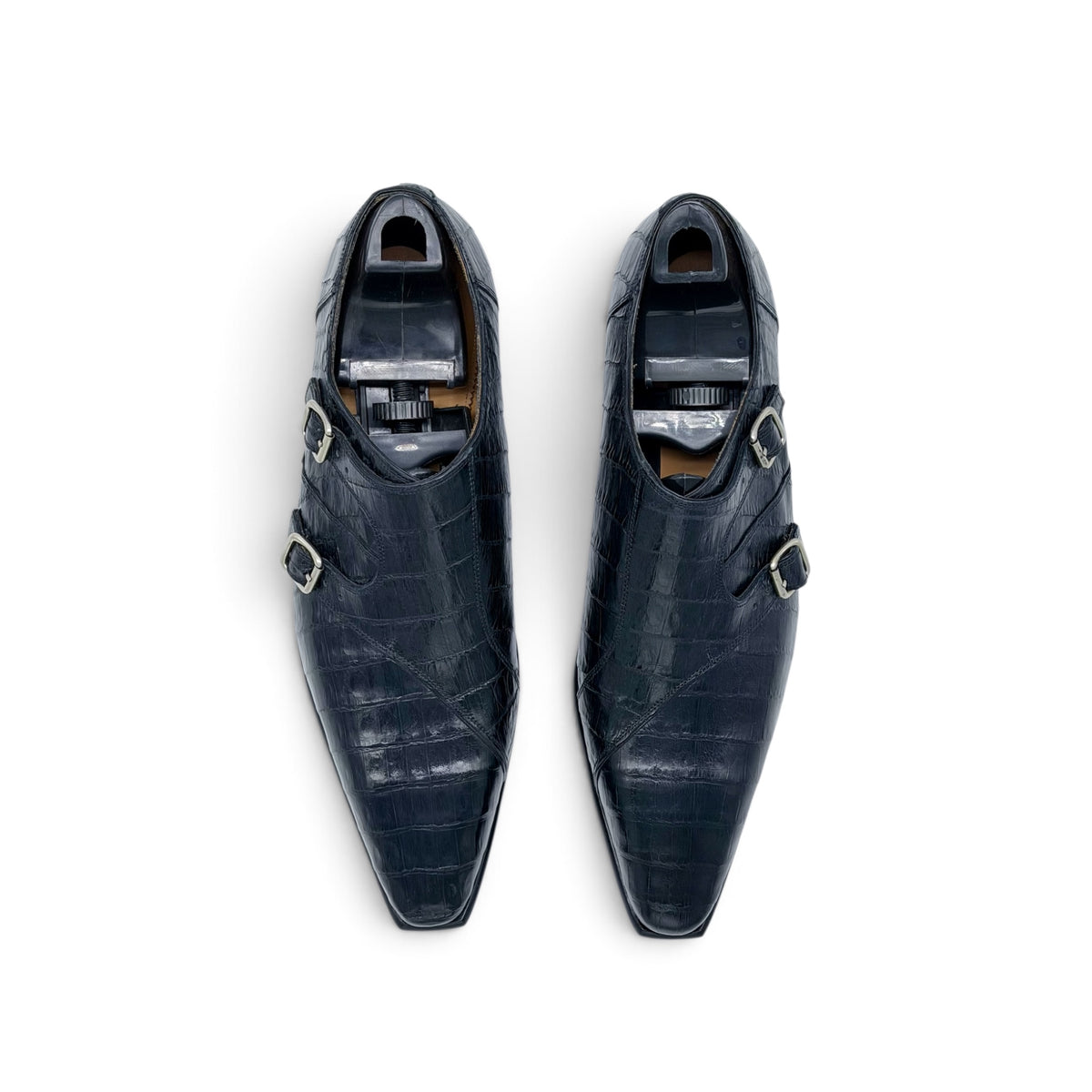 Soulier à double boucles argentées Roberto Celk en cuir de crocodile  noir