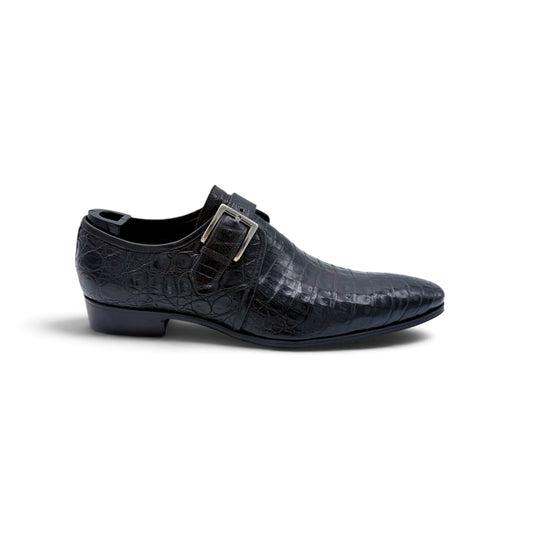 Soulier à boucle argentée Roberto Celk en cuir de crocodile noir