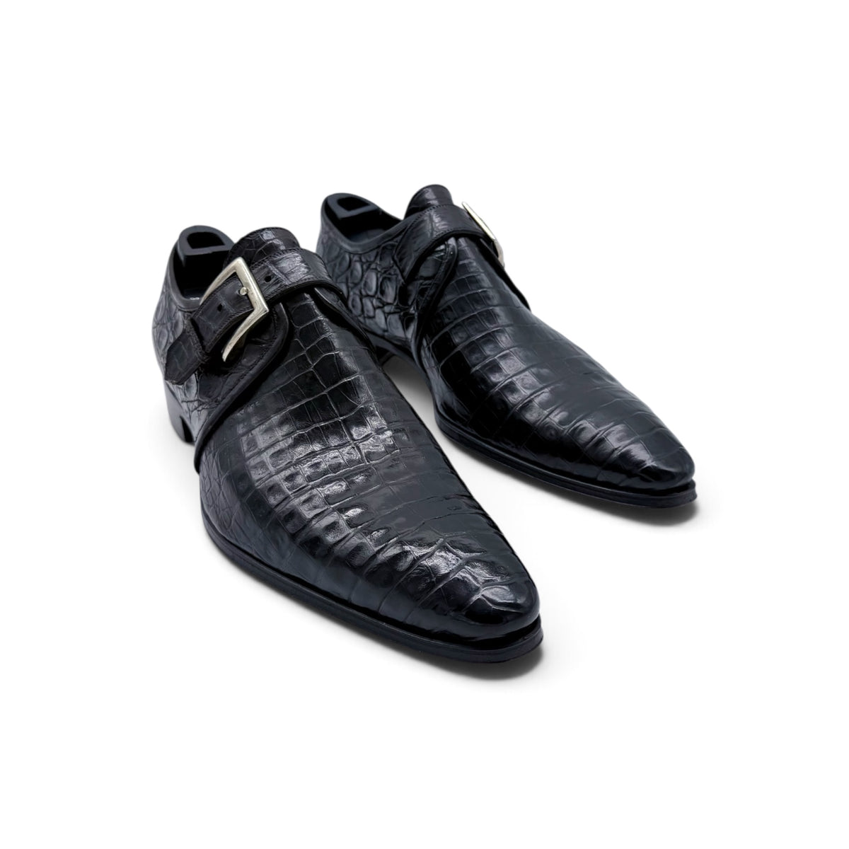 Soulier à boucle argentée Roberto Celk en cuir de crocodile noir