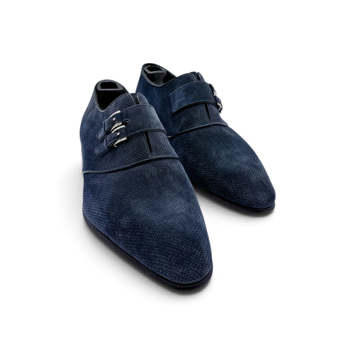 Soulier à double boucles argentées Artioli en suede perforé bleu