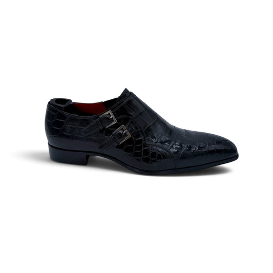 Soulier à double boucles argentées Roberto Celk en cuir de crocodile  noir