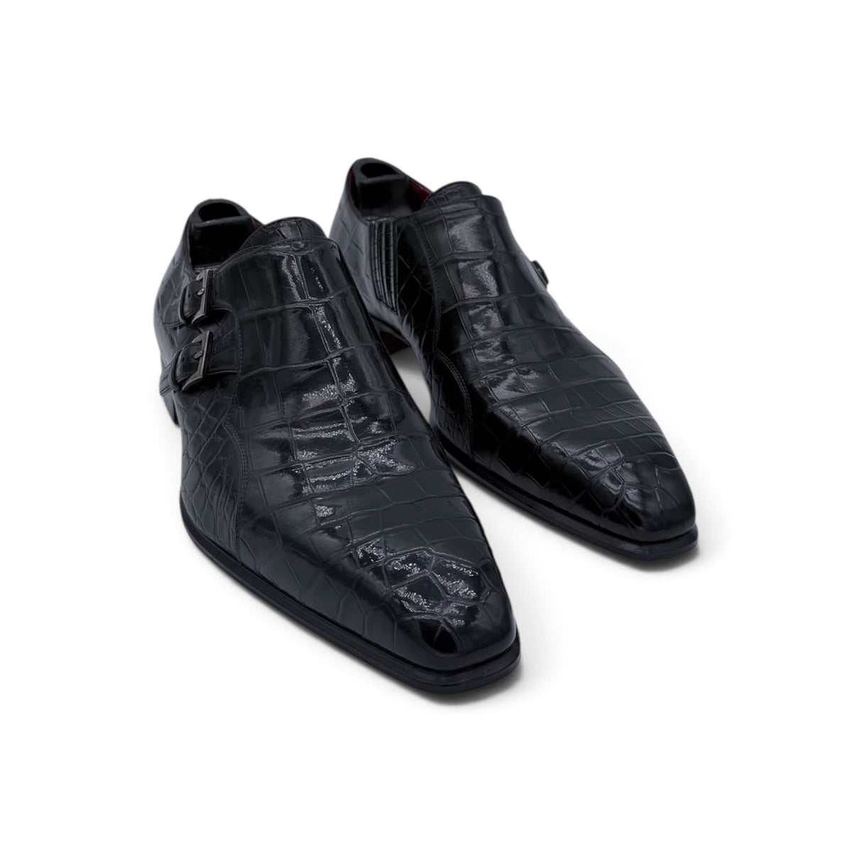 Soulier à double boucles argentées Roberto Celk en cuir de crocodile  noir