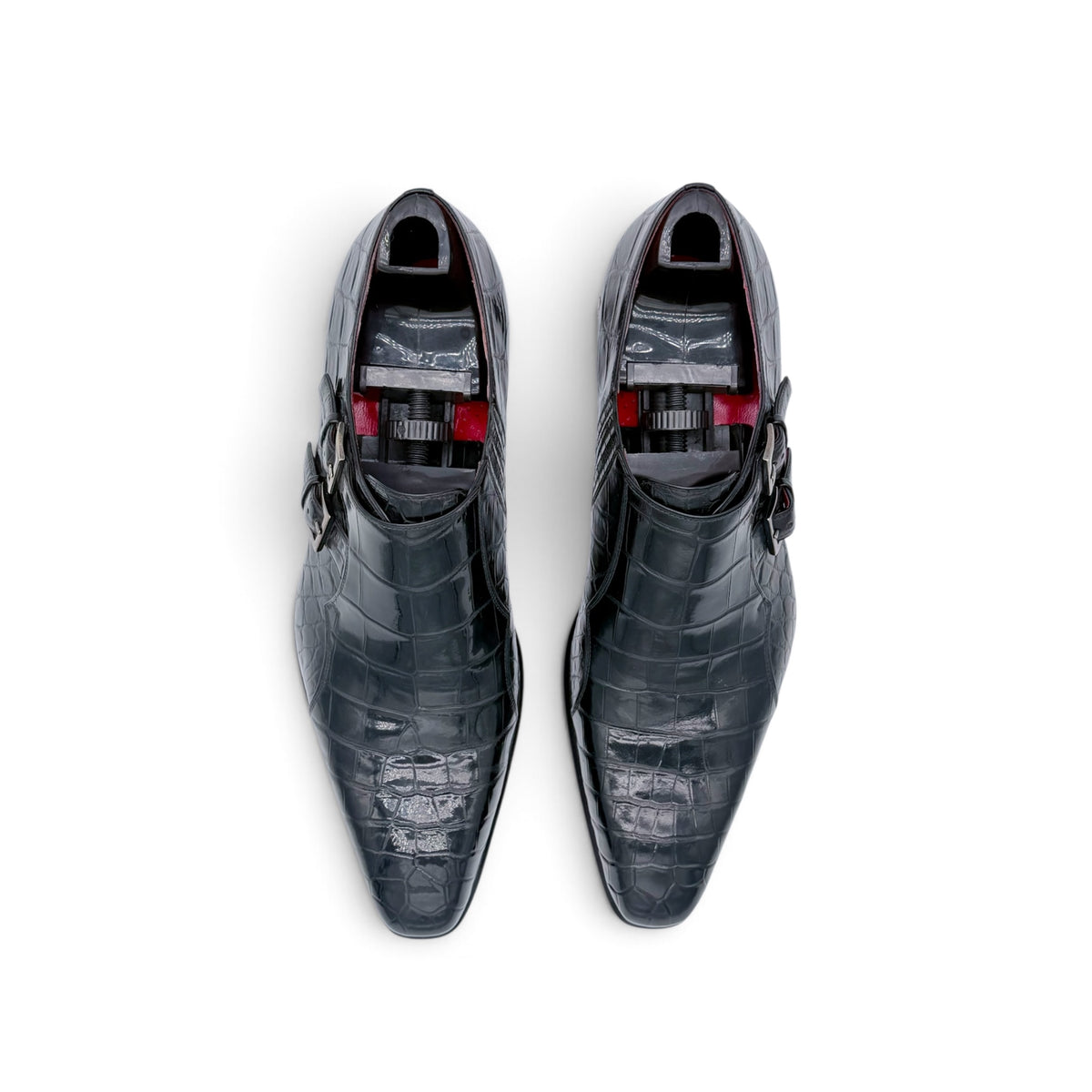 Soulier à double boucles argentées Roberto Celk en cuir de crocodile  noir