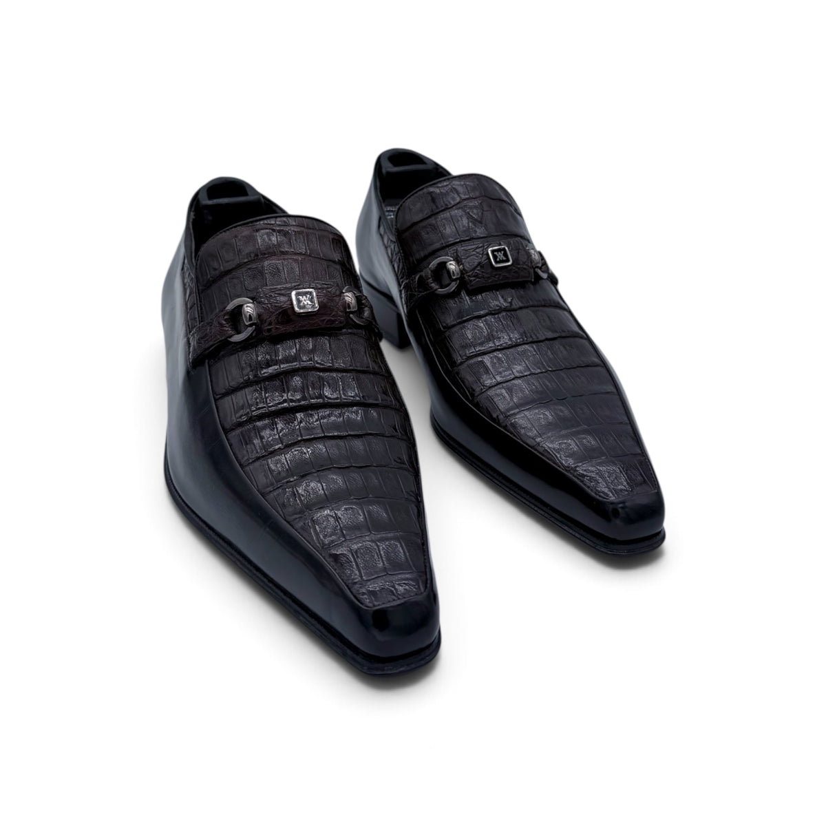 Mocassin Artioli avec étrier en cuir noir et cuir de crocodile marron foncé