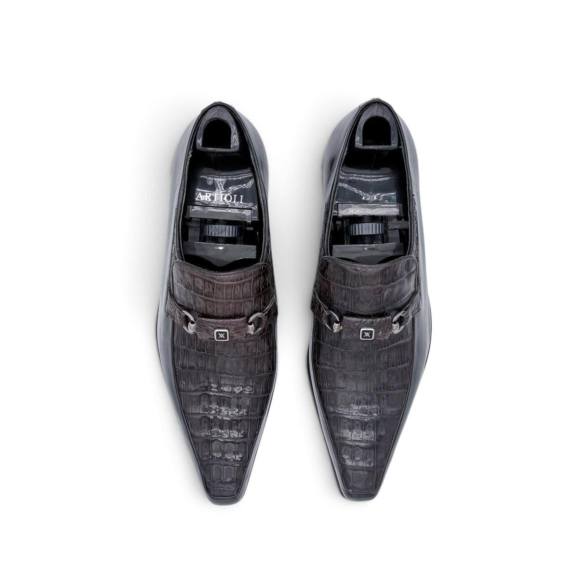 Mocassin Artioli avec étrier en cuir noir et cuir de crocodile marron foncé