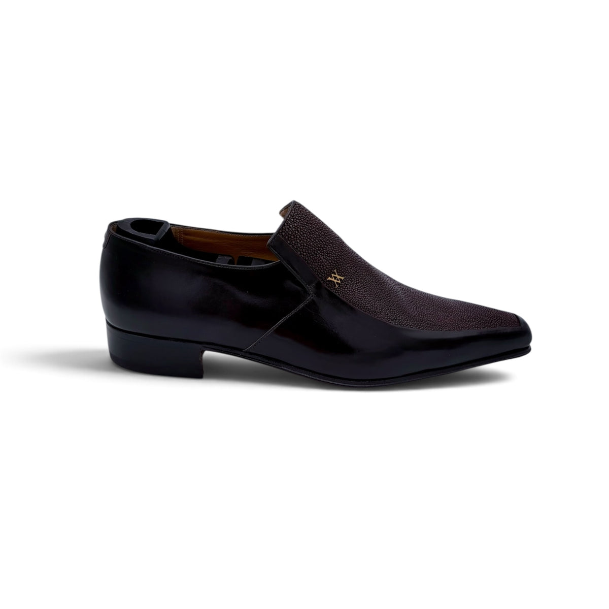 Mocassin Artioli en cuir et plastron en galuchat marron foncé