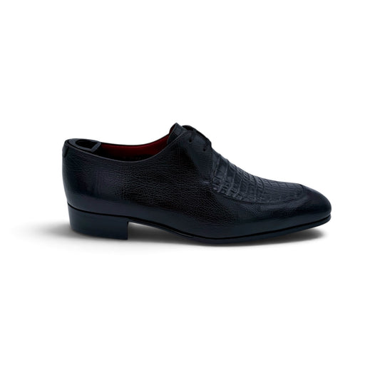 Derby Artioli en cuir grainé et plastron en cuir de crocodile noir