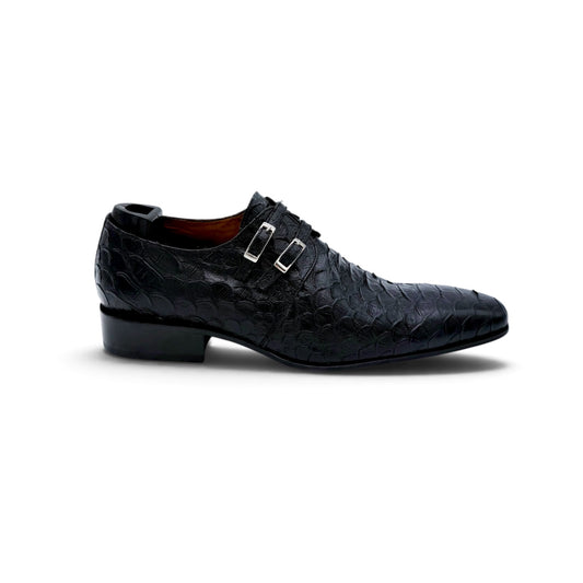 Soulier à double boucles argentées Roberto Celk en cuir de python noir