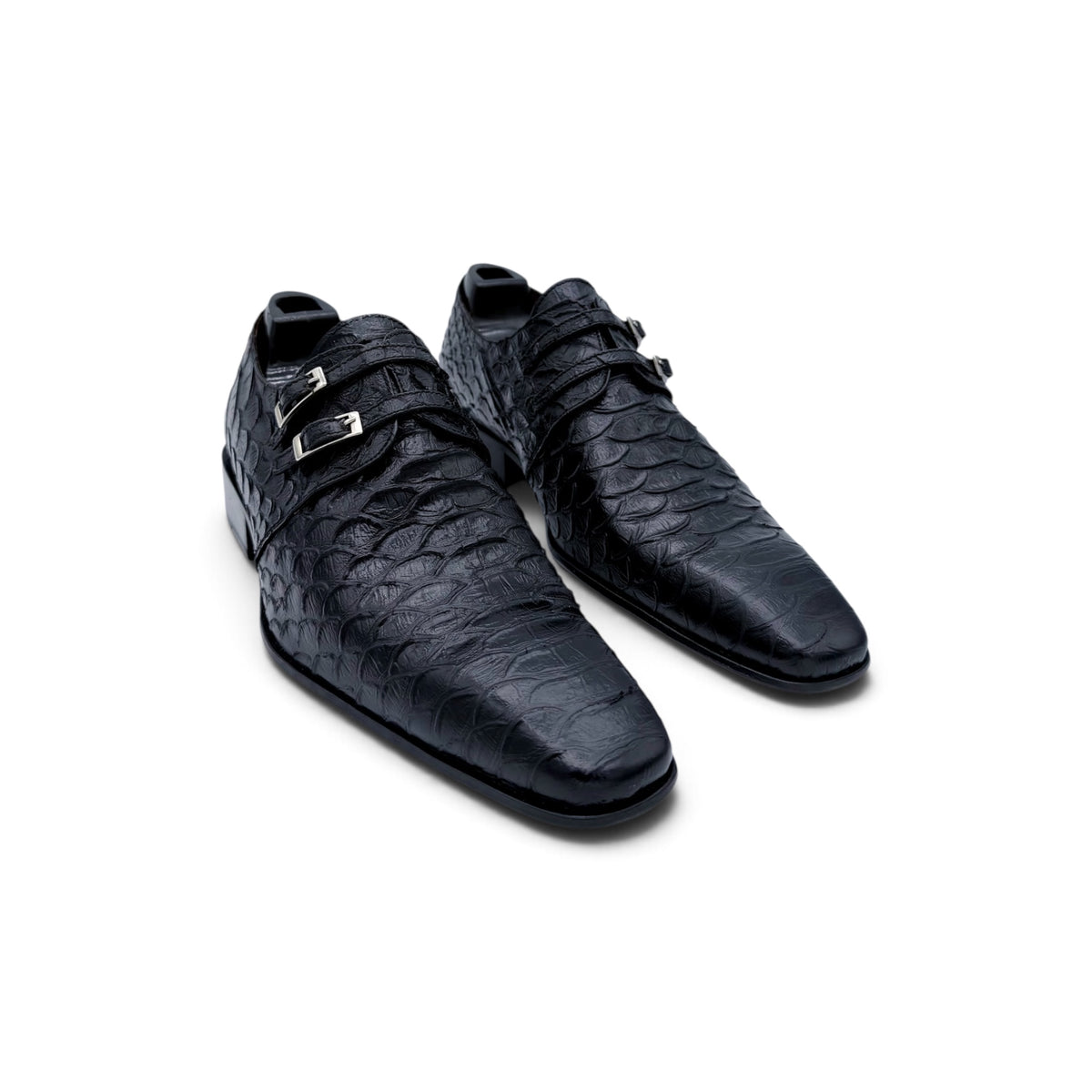 Soulier à double boucles argentées Roberto Celk en cuir de python noir