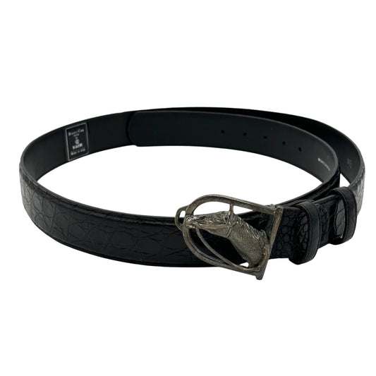 Ceinture Roberto Celk en crocodile noir avec boucle tête de cheval en argent