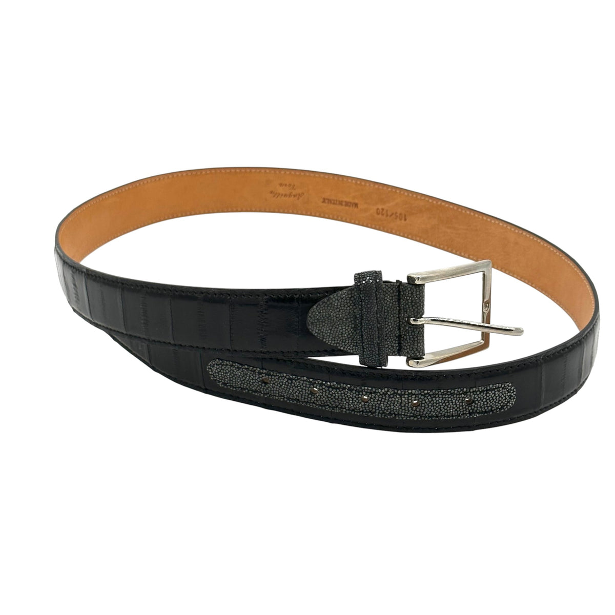 Ceinture Roberto Celk en anguille noir et détail en galuchat avec boucle en argent