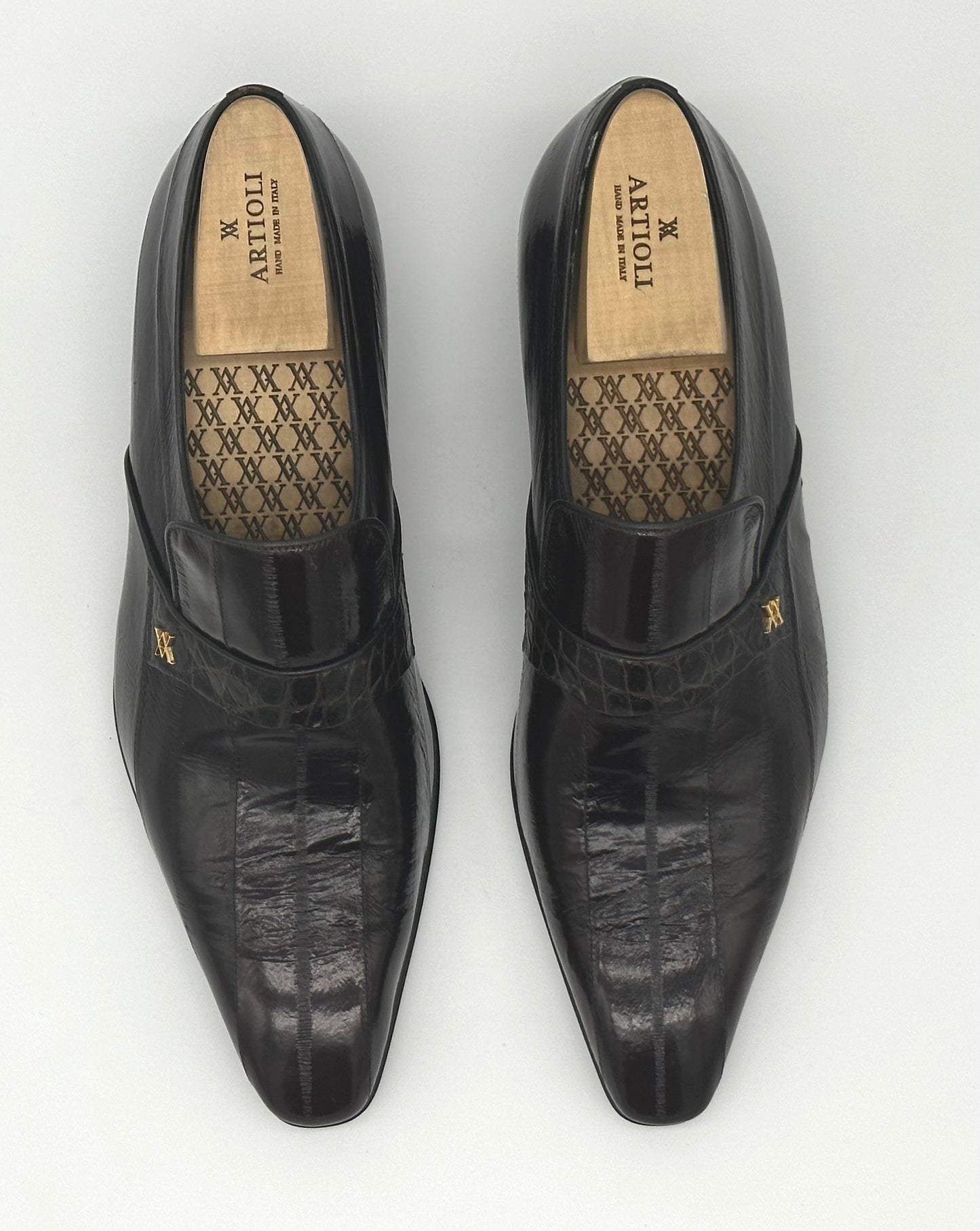 Mocassin Artioli marron en anguille avec bande en crocodile