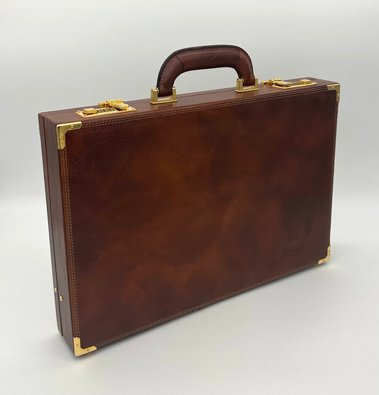 Attaché Case en cuir marron marron et or
