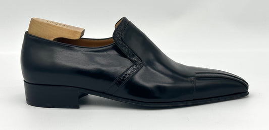 Mocassin Artioli en cuir noir avec liseré de crocodile noir