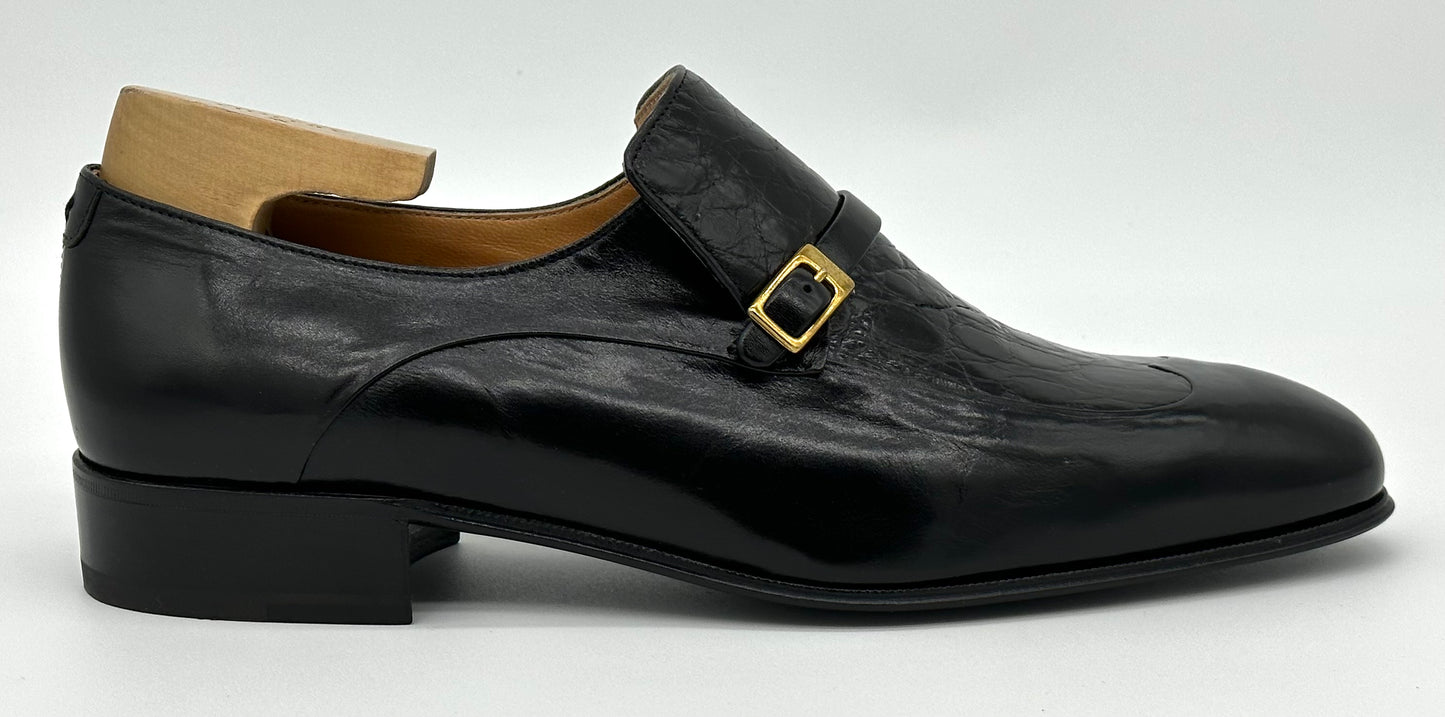 Soulier à boucle Artioli en cuir et crocodile noir