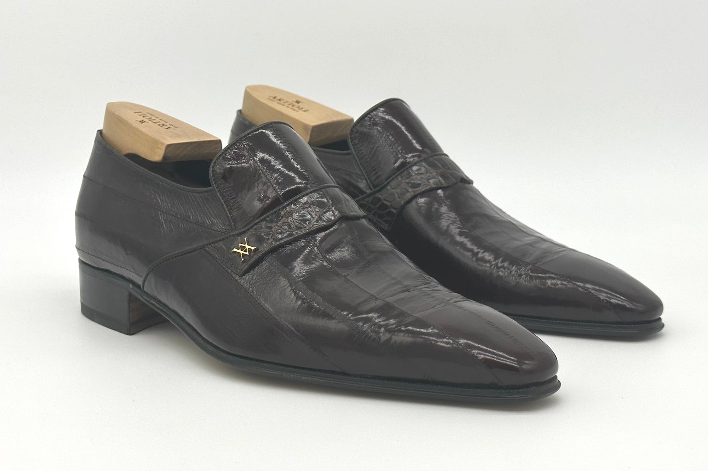 Mocassin Artioli marron en anguille avec bande en crocodile