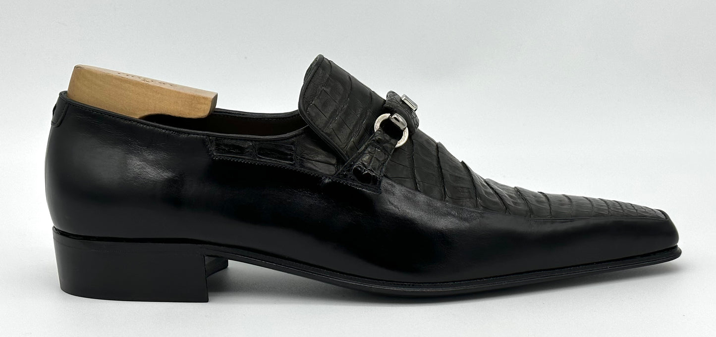 Mocassin Artioli avec étrier en cuir et détail en crocodile noir