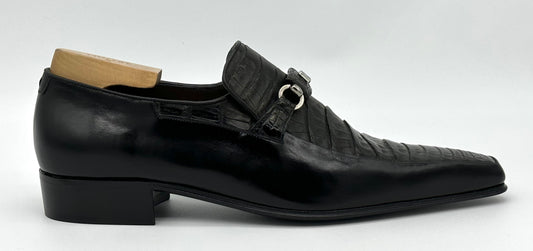 Mocassin Artioli avec étrier en cuir et détail en crocodile noir