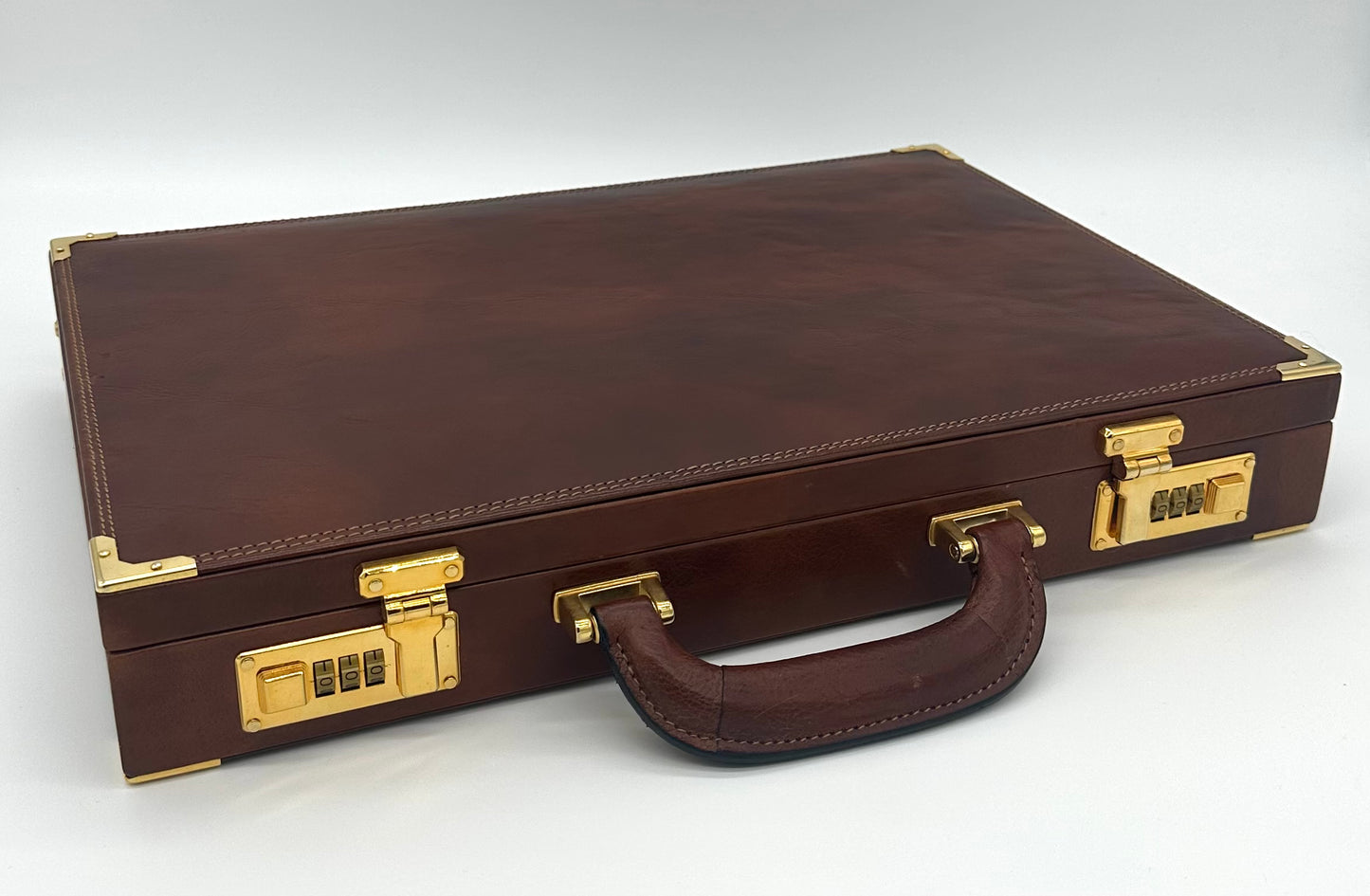 Attaché Case en cuir marron marron et or