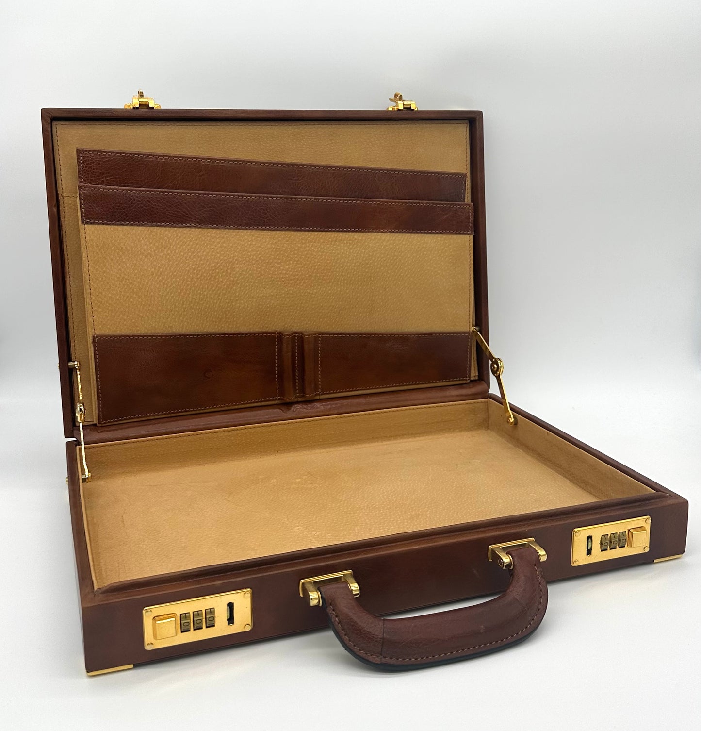 Attaché Case en cuir marron marron et or